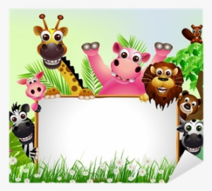 Funny Animal Cartoon With Blank Sign And Tropical Forest - Convite Escola Crista De Ferias Vida Selvagem
