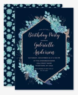 Blue & Aqua Watercolor Succulents Rose Gold Foil Frame - Wedding Invitation