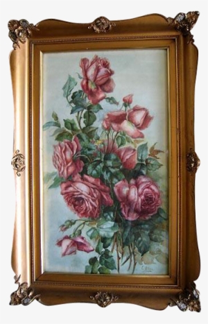 Antique Cabbage Roses Watercolor Painting Signed Fancy - Picture Frame