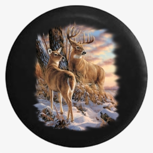 Deer Buck And Doe Winter Scene Big Antlers Jeep Camper