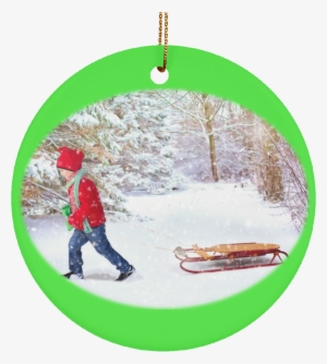 Winter Scene Child And Sleigh Ceramic Christmas Ornament - Sled Snow Background