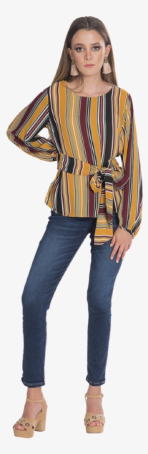 Blusa M/l Rayas Liston Cintura Negro - Blouse