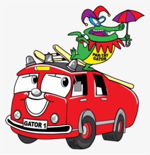 Par-tay Gator Standing On Gator 1 Fire Truck Cartoon - Mardi Gras Alligator Embroidery Design