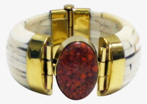 - Ivory Water Buffalo Bone Cuff Wide W/coral & Gold - Ruby