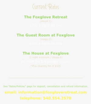 Current Rates The Foxglove Retreat $260 A Night Fo - C2i