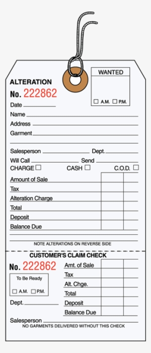 Alterations Hang Tag With Looped String, Numbered, - Number