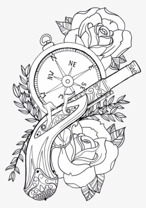 Roses And Pistol Pistol Drawing, Pistol Tattoos, Farmer - Coloring Pages Clock For Adult