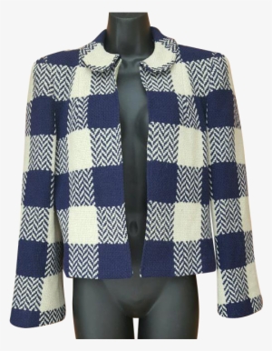 1940s Women's Crop Jacket In Navy And White Wool Plaid - Plaid