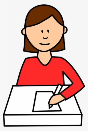 Cartoony Girl At Her Desk, Writing On A Piece Of Paper - Raise Hand Clipart Black And White