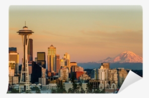 Sunset Over Seattle And Mount Rainier Wall Mural • - Poster: Washington- Seattle Skyline, 12x24in.
