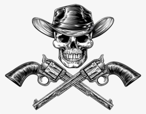 Skull Cowboy In Hat And A Pair Of Crossed Gun Revolver - Crossed Revolvers