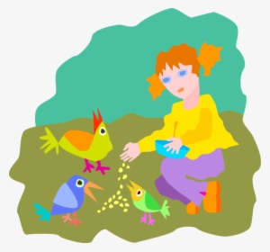 Vector Illustration Of Young Girl Feeding Birds - Feeding Birds Clipart
