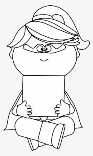 Black And White Superhero Girl Holding A Blank Sign - Super Reader Clipart Black And White