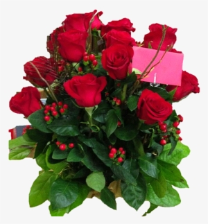 Two Red Roses In A Tall Vase With Greens And Baby Breath - Garden Roses