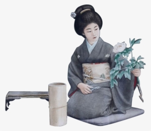 Vintage Japan Signed Watercolor - Geisha Sitting Png