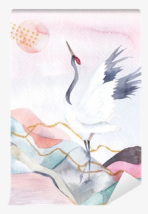 Abstract Watercolor Background With Crane - Watercolor Painting