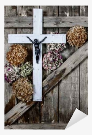Wooden Cross And White Hydrangea Flower On The Background - Krzyż Biały Na Ścianę