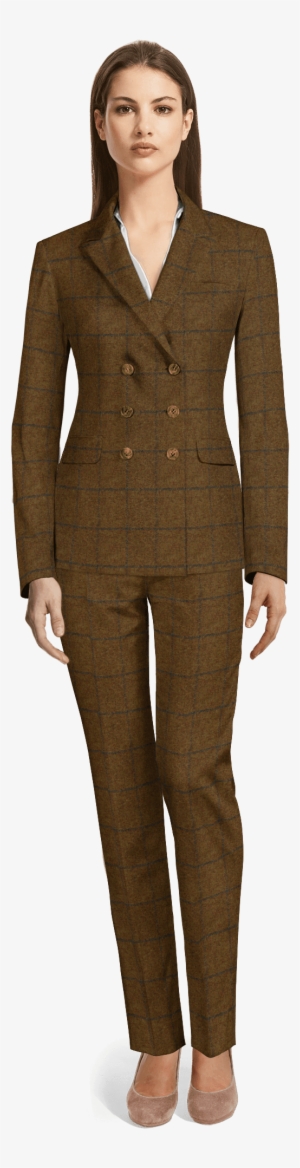 Brown Double Breasted Checked Tweed Pant Suit - Red Velvet Suit Women's