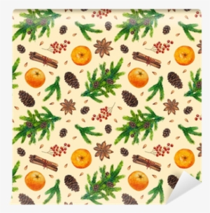 Watercolor Christmas Pattern With Fir Branches, Red