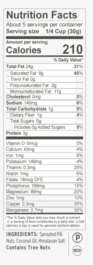 Nutrition Facts Coconut Oil High Fat Pili Nuts Label