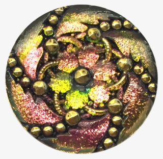 Large Pink, Green, Gold Black Czech Glass Button 1-3/16 - Green
