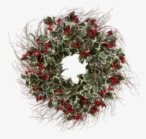 Silk Variegated Holly & Burgundy Berries • - Wreath