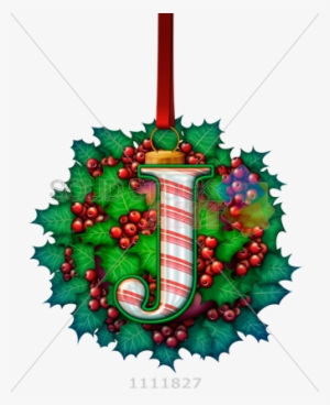 Stock Photo Of 3d Vector Candy Cane J On Holly Leaves - Christmas Ornament