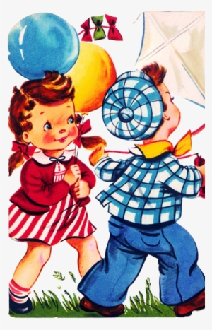 Boy And Girl With Kite - Greeting Card