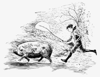 A Boy Running Behind A Pig With A Stick - Pig
