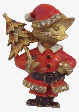 Red Enameled & Rhinestone Christmas Santa Cat Pin Carrying - Garden Gnome