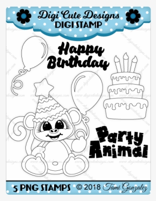 Birthday Monkey Digi Stamp-birthday, Cake, Candles, - Juggling