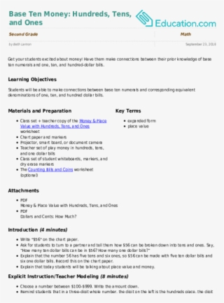 Base Ten Money - Means Of Transport Lesson Plan