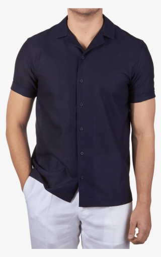 Sunspel Navy Short Sleeve Jersey Polo Shirt Front - Navy Camp Collar Shirt