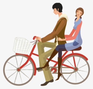 Hand Drawn Cartoon Couple Cycling Decoration Vector - Lovers In Bike Vector Png
