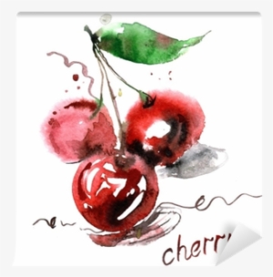 Watercolor Hand Painted Cherry Berries On White Background - Food