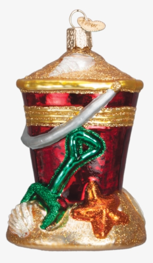 Red Beach Pail Ornament With Shovel & Shells - Beach Bucket Glass Ornament By Old World Christmas
