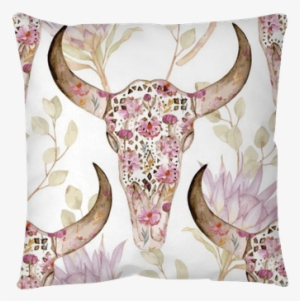 Watercolor Seamless Pattern With Skull In Flowers, - Watercolor Painting