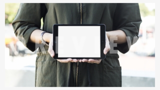 Black Ipad Mockup Woman Olive Green Jacket - J J Marketing Services