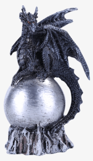 Black Dragon On Silver Orb Statue - Fantasy Statues