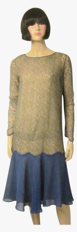 1920's Cobalt Blue Chiffon Dress With Gold Metallic - Day Dress