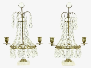 Pair 1900 Antique Candelabra, Marble, Brass & Crystal - Lighting