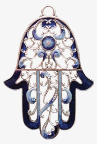 Picture Of Blue Silver Filigree Hamsa - Large Filigree Scroll Hamsa Plaque