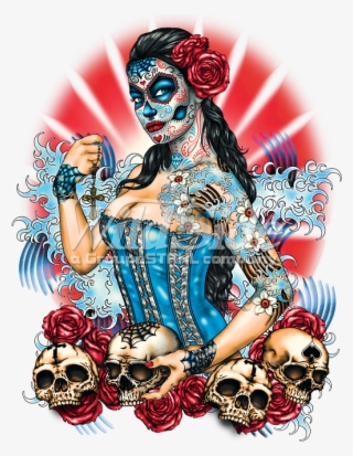 Day Of The Dead Pinup With Skulls And Roses