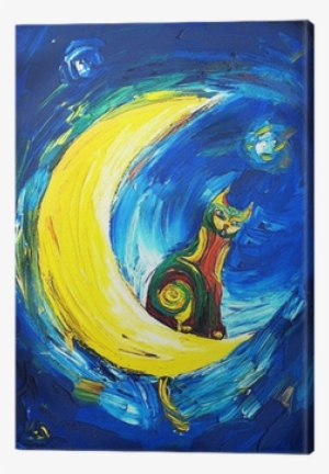 Colored Cat Sitting On A Crescent Moon Canvas Print - Gatos Con Luna Creciente