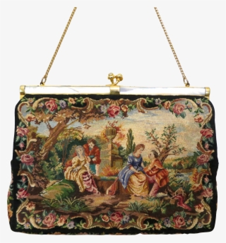 Vintage Petit Point Purse Scenic Mother Of Pearl Frame - Handbag