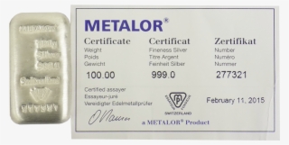 This Metalor 100g Silver Cast Bar Depicts The Weight, - Metalor