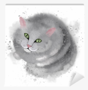 Grey Cute Cat Sitting And Smiling At You - Watercolor Painting