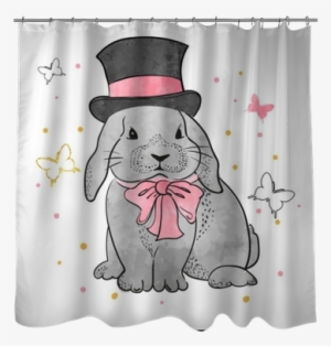 Cute Watercolor Rabbit Boy With Bow And Hat - Curtain