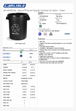 Download Spec Sheet - Bronco Recycling Container 44 Gal - Blue - Pkg Qty