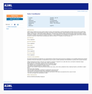 Sales Coordinator - Asml Holding